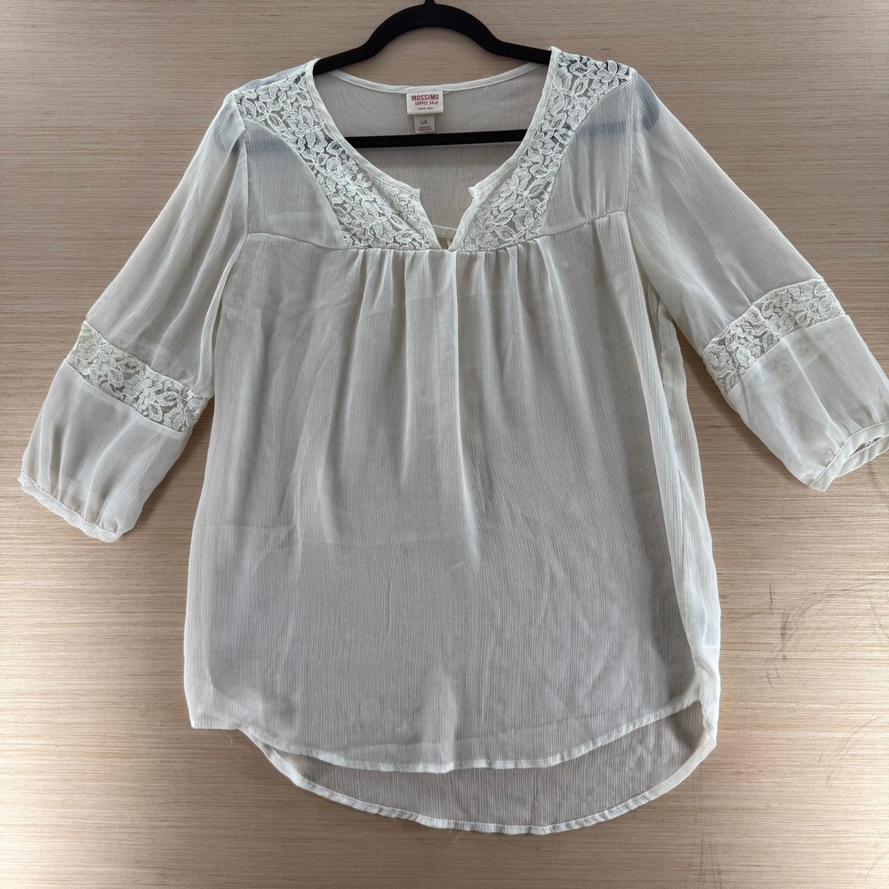 Mossimo White Lace Trim Boho Romantic Blouse Sheer 3/4 Sleeve V-Neck Top Large